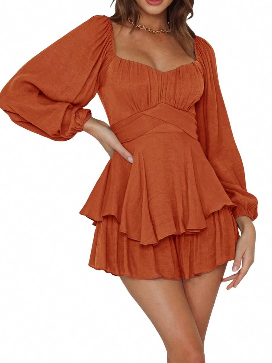 Women Puff Long Sleeve Romper Off Shoulder Ruffle Flowy Short Jumpsuit Layered Pirate Dress With Shorts Playsuit - Brown - View 1