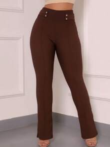 Pure Elegance Fashions Women's Flare Pants With Buttons Elegant Casual High Waist - 鏽棕色 - 查看 3