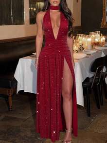 女式性感深V领细肩带金属褶饰腰部开衩长款派对连衣裙