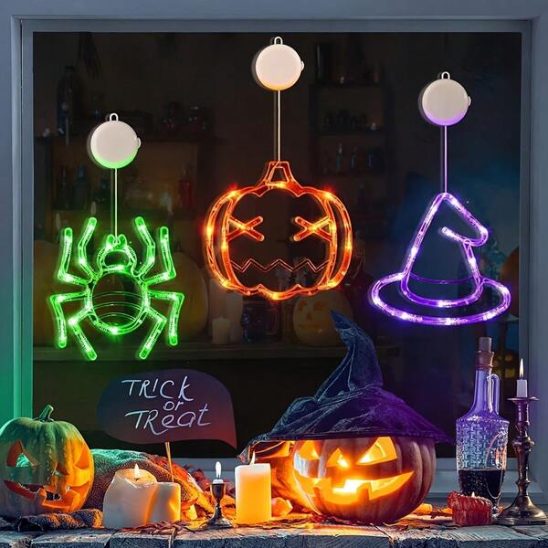 Decoraciones de Halloween: 3 paquetes de luces de ventana para Halloween con calabaza naranja, araña verde, sombrero de bruja morado, con ventosas, baterías y función de temporizador y modo de atenuación suave, versión actualizada 2024