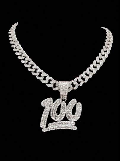 1pc 100 Shaped Pendant & Miami Cuban Chain, Fashion Popular Unisex Hiphop Pendant Necklace, Suitable For Everyday Wear Or Party, 2 Chain Styles Available