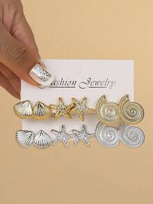 3对/6对时尚优雅简约贝壳海星海螺耳环金银海洋系列耳环套装 - 彩色 - 查看 3