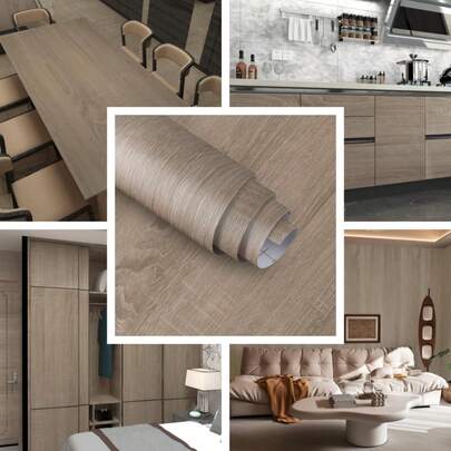 1卷卡其色木纹纹理壁纸乙烯基接触纸适用于厨房台面橱柜家具翻新浴室墙壁家居装饰墙贴自粘可移除DIY简易安装薄膜壁纸15.7英寸/196.8英寸/118.1英寸/39.3英寸墙纸墙贴房间装饰墙面装饰卧室客厅装饰