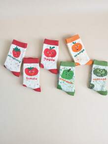 6 Pares de Meias Cano Médio Femininas com Impressões Aleatórias de Legumes Fofos, Desenho de Tomate