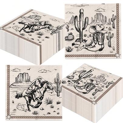 20pcs/40pcs/60pcs/Set,Cowboy Paper Napkins Western Party Decorations Brown WildWest Rodeo Disposable Lunch Dinner Napkins For Cowboy Birthday BabyShower Party Decorations