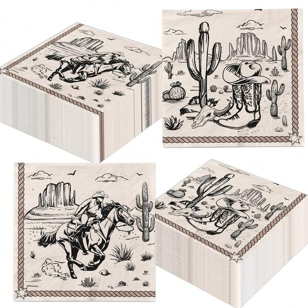 カウボーイ柄ペーパーナプキン 20枚/40枚/60枚セット ウエスタンパーティー装飾 ブラウン ワイルドウエスト ロデオ使い捨て ランチ ディナーナプキン カウボーイ誕生日 ベビーシャワーパーティー装飾