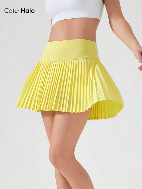 Catch Halo 2025 Trending Celebrity-Style Yellow Pleated Tennis/Golf Skirt" - Elastic High-Waisted Activewear Athletic Mini Skirt With Built-In Shorts For Running/Yoga/Casual