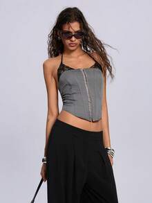 ROMWE 修身蕾丝立领女式背心 - 灰色 - 查看 7