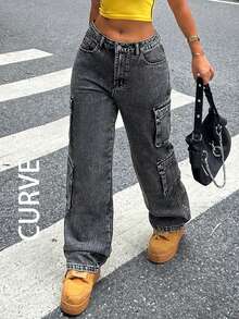 Calça jeans cargo feminina plus size estilo streetwear Y2K com vários bolsos e perna reta, com bolsos de aba. - Cinza - Ver 7