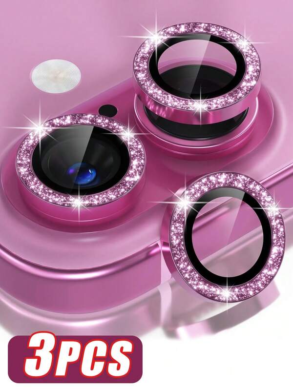 3 Packs Camera Lens Protective Film For IPhone 17/16 Pro/16 Pro Max/15/14/13/12/11, 9H Hardness Anti-Scratch Protective Film, Fashionable Mobile Phone Accessories, Anti-Drop, Anti-Scratch, Friendly Phone Case Gift For Birthday, Family, Friends, Sparkling Crystal, Lens Protective Film (Glitter Pink)
