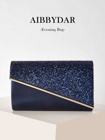 AIBBYDAR Women's Evening Clutch Bag, Navy Blue Fashionable Solid Glitter Ladies Handbag, Suitable For Evening Dress, Detachable Metal Shoulder Strap, For Wedding, Dance, Gathering, Party