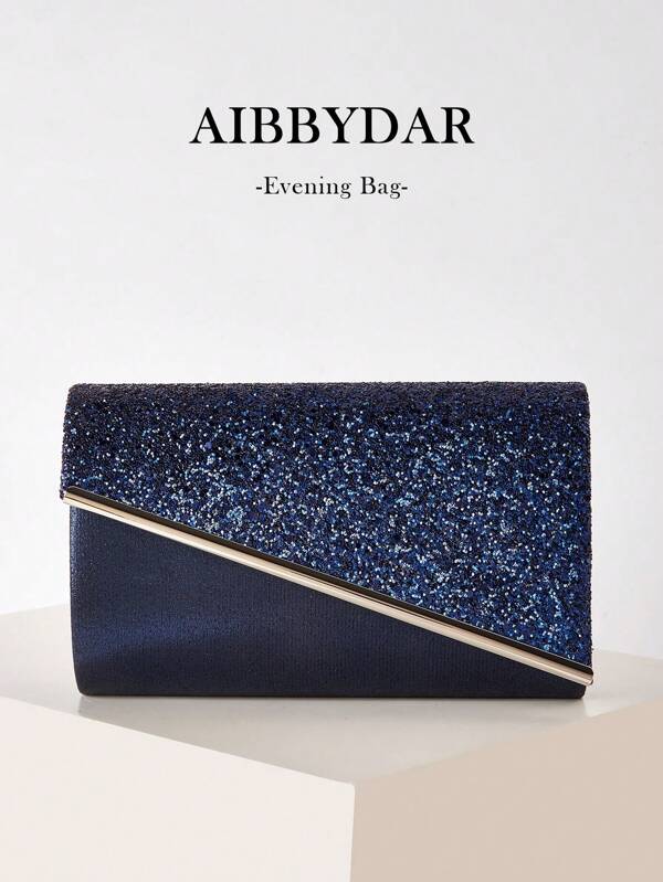 AIBBYDAR Women's Evening Clutch Bag, Navy Blue Fashionable Solid Glitter Ladies Handbag, Suitable For Evening Dress, Detachable Metal Shoulder Strap, For Wedding, Dance, Gathering, Party