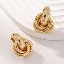 1 Pair Stylish Golden Geometric Double Circle Earrings, Retro Fashion Earring Studs Suitable For Weddings, Galas, Music Festivals, Holidays