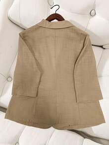 Women's Plus Size Stylish Brown Blazer - Polyester, Long Sleeve, Single Button, Pocket, Elegant Design For Spring/Summer, Casual Attire|Elegant Blazer|Polyester Blazer - Khaki - View 2