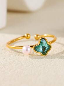 Anillos de acero inoxidable con pequeñas mariposas azules y flores, anillo de color dorado impermeable para mujeres, joyería de perlas falsas para boda, accesorios para vacaciones, regalo para mamá/mejores amigas/hija