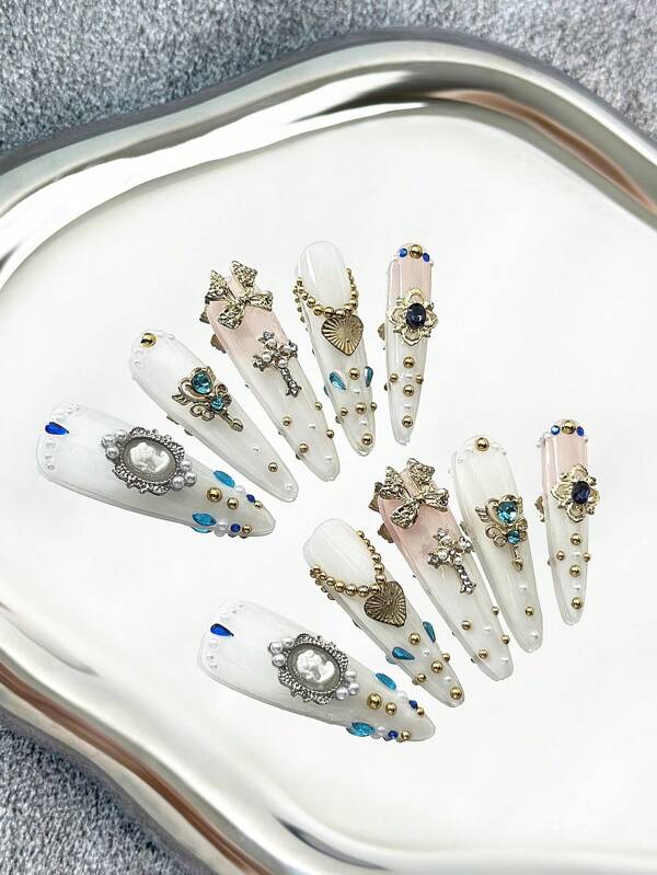 40MM Extra Long Stiletto Nails French Handmade Press-On Nails With Multi-Colored Tips Featuring Gold Beads & Rhinestone Accents, Hand-Painted Creative Patterns, 3D Luxurious Design, Full-Cover Artificial DIY Glitter False Nails, 10 Pieces/Bag