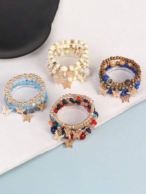 Set de 16 piezas Pulsera brazalete apilable con colgante de mariposa con cuentas de estilo bohemio de múltiples capas, joyería de uso diario para damas, regalo de pareja