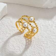 1pc Gold/Pink Stainless Steel & Natural Stone Women's Vacation Style Ring, Fashion Jewelry