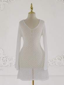 Summer Beach Vacation Women Solid Color Sexy Knit Hollow Out Bikini Cover-Up Swimsuit Sunscreen