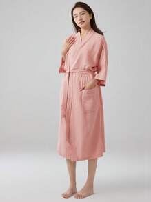 1pc Women's Pure Cotton Lightweight Breathable Gauze Bathrobe, Solid Color, Straight Collar, Long Robe, Loungewear, Pure Cotton, Soft, Absorbent, For Bathroom, Bedroom, Pool, Hotel, Salon, Personal Use, Gift