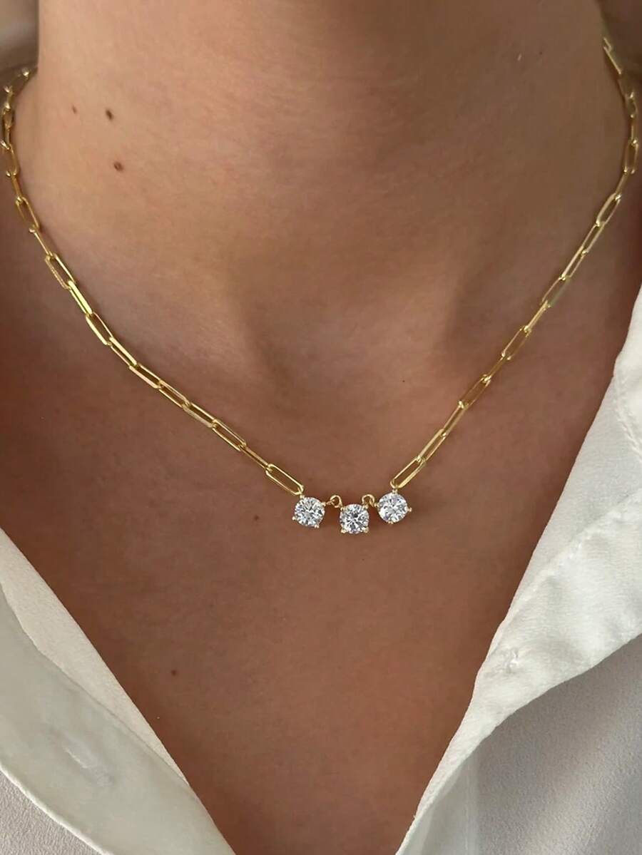 1pc Minimalist Round Zirconia Copper Necklace, Suitable For Women's Everyday Wear, Applicable For Banquet, Party, Ball Matching Daily Outfit Accessories, Jewelry Gift - 項鍊 - 查看 1