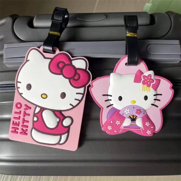 Sanrio Étiquette de bagage Kawaii Sanrio, mignon dessin animé Hello chat Kuromei Melody Silica, porte-adresse de valise, accessoires de voyage portables, accessoires de vacances, été, rentrée scolaire, produits de voyage mini pour femmes, sac d'école, accessoires scolaires