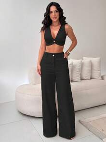 Thick Strap Top And Wide Leg Linen Trousers Set - 黑色 - 查看 3