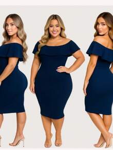 Ribbed Knit Midi Dress Ruffle  Fashion Evangelical Simple Knit Fabric None Wedding Evening Holiday Office Birthday Party Baby Shower Photoshoot Homecoming - 藍色 - 查看 4