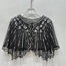 1pc 1920s Elegant Vintage Sequin Shawl, Beaded Embroidered Lace Trim Versatile Capelet Shawl, Breathable Women Party Dress Accessory Shawl/Bolero, Fashion Party Evening Gown Accessory
