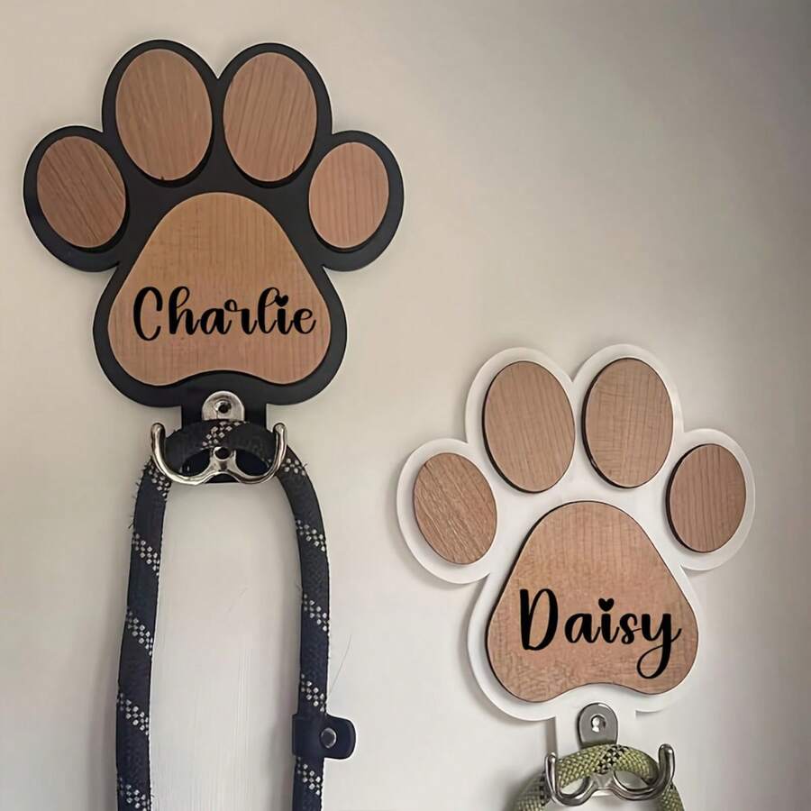 Personalized Paw Print Wooden Dog Leash Hook, Customizable Carved Wall Hook - Suitable For Collars And Coats, Durable Wooden Material, Paw Print Design, Perfect Decorative Memorial Gift For Pet Lovers - Multicolor - View 1