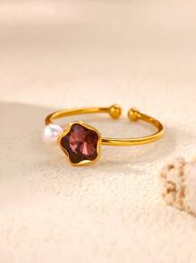 Anillos de acero inoxidable con pequeñas mariposas azules y flores, anillo de color dorado impermeable para mujeres, joyería de perlas falsas para boda, accesorios para vacaciones, regalo para mamá/mejores amigas/hija