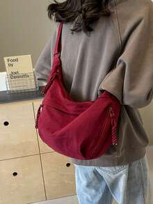 lulu kewen This Fashionable Colorful Nylon Waterproof Shoulder Bag Features A Simple And Casual Collegiate Design, With A Wide Strap, Multiple Zipper Openings, Suitable For Students, Shopping, Daily Use, And Also Makes A Great Student Shoulder Bag. - Burgundy - View 4