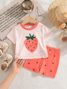 2 Peças/Conjunto Camiseta de Manga Curta e Shorts Casuais com Estampa de Listras e Morango para Bebê Menina, Doce e Adorável, Adequado para Passeios, Casa e Festas - Rosa chiclete - Visão 1