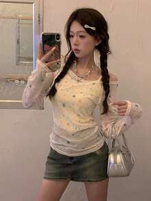 甜美前卫露肩长袖星星印花防晒罩衫和吊带背心两件套 - 白色 - 查看 3