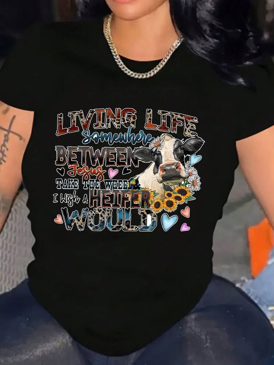 Women T-Shirt Livng Life Between  Graphic Print Short Sleeve Tee Cotton Shirt Crew Neck Tee Machine Washable 220g - Black - View 1