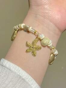 1 Peça Pulseira Feminina com Decoração de Conchas Marinhas, Estrelas-do-mar e Contas, em Estilo Praia de Verão, Elementos Oceânicos da Moda Adequados para Praia, Férias, Festa, Uso em Festivais de Música