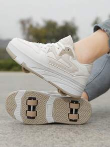 Patines de ruedas para mujer con empalme de color contrastante, zapatos de patinaje de pareja convertibles, desmontables y retráctiles, adecuados para adolescentes y adultos, de cuero de PU con 4 ruedas