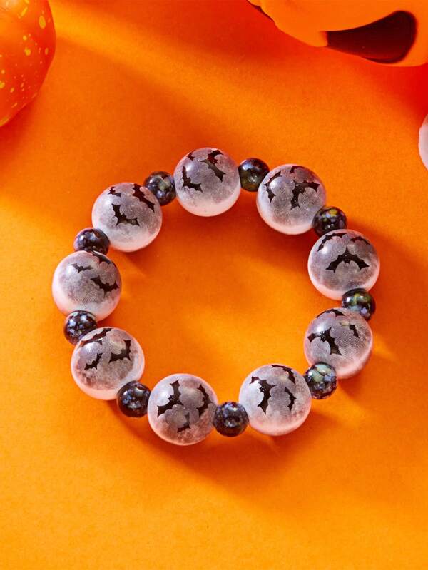 1pc Halloween Dark Bat Printed Wooden Beaded Bracelet