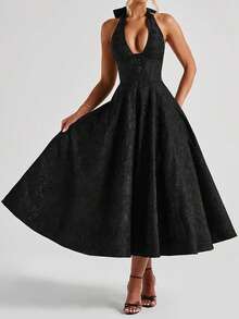Vestido elegante de jacquard con cuello halter para mujer, corte bajo, sin mangas, espalda abierta, corte A, largo, para fiesta de noche y club. - Negro - Ver 2