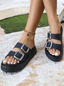 FZY 2026 New Women Summer Casual Sandals, Simple Fashion Thick Platform Lightweight Slippers, Buckle Decor High Heel Platform Thick Bottom Anti Anti-Odor Increased Height Beach Shoes Or Casual Wear At Home Or Commuting Sandals,Essential Easter Outfits - 黑色 - 查看 2