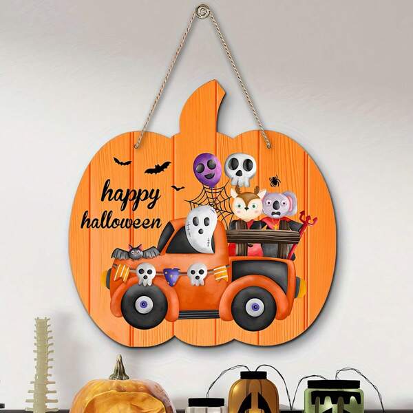 Colgador de puerta de Halloween en forma de calabaza de madera encantadora - Decoración de pared con estilo retro que presenta patrones lindos y de calaveras, ideal para decoración de fiestas festivas interiores y regalos