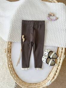 Baby Girl Comfy Lace Trim Chocolate Brown Casual Stripe Elastic Leggings - Chocolate Brown - View 2