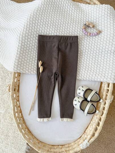 Baby Girl Comfy Lace Trim Chocolate Brown Casual Stripe Elastic Leggings