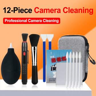 Kit di pulizia professionale per fotocamera da 12 pezzi - Strumenti essenziali per la pulizia di obiettivi e fotocamere DSLR per fotografi, con spazzola, soffiatore, panno in microfibra - Perfetto per fotocamere DSLR, mirrorless e digitali