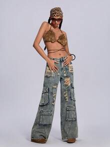 ROMWE Women's Vintage Acid-Washed Low-Waist Wide-Leg Utility Jeans Grunge Washed Distressed Low Rise Straight Baggy Jeans Women - Dark Wash - View 2