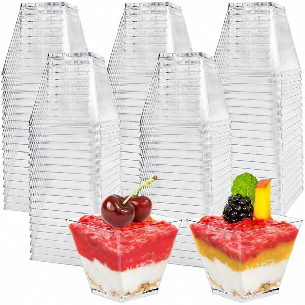 100pcs/50pcs Mini Dessert Cups, Clear Plastic Dessert Square Plates Dessert Ice Cream Fruit Salad Cake Tasting Wedding Party Serving Wedding Dessert Plates Start Party New Year's Day Valentine's Day Dessert Cups Plastic Cups