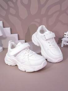 1 par de zapatillas deportivas casuales de suela gruesa con cierre de gancho y lazo, de unicolor, livianas y cómodas, adecuadas para uso diario escolar/de ocio, para niños