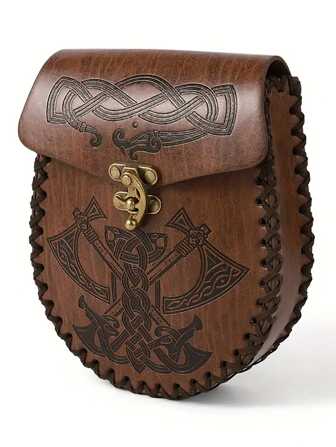 1件维京风格中世纪皮革零钱包腰包，压花骑士复古欧式风格