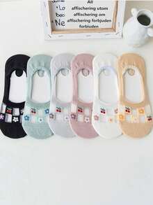 5雙女式純色隱形船襪,卡通貓圖案,防滑、透氣、薄款、百搭