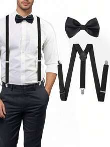 2 Pack Men's Black Elasticated Adjustable Halter Tie Bow For Everyday Dress Pants With Loop Closure For Shows, Parties, Grooms, Decoration As A Boyfriend Gift Bowknot Matching Decoration, Matching Accessories.